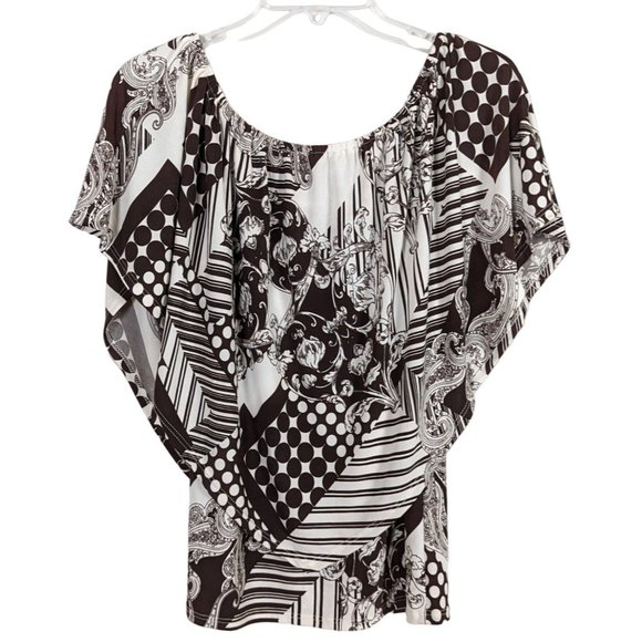 Chatoyant brown and white short sleeve drop‎ neck top size S - Picture 2 of 7